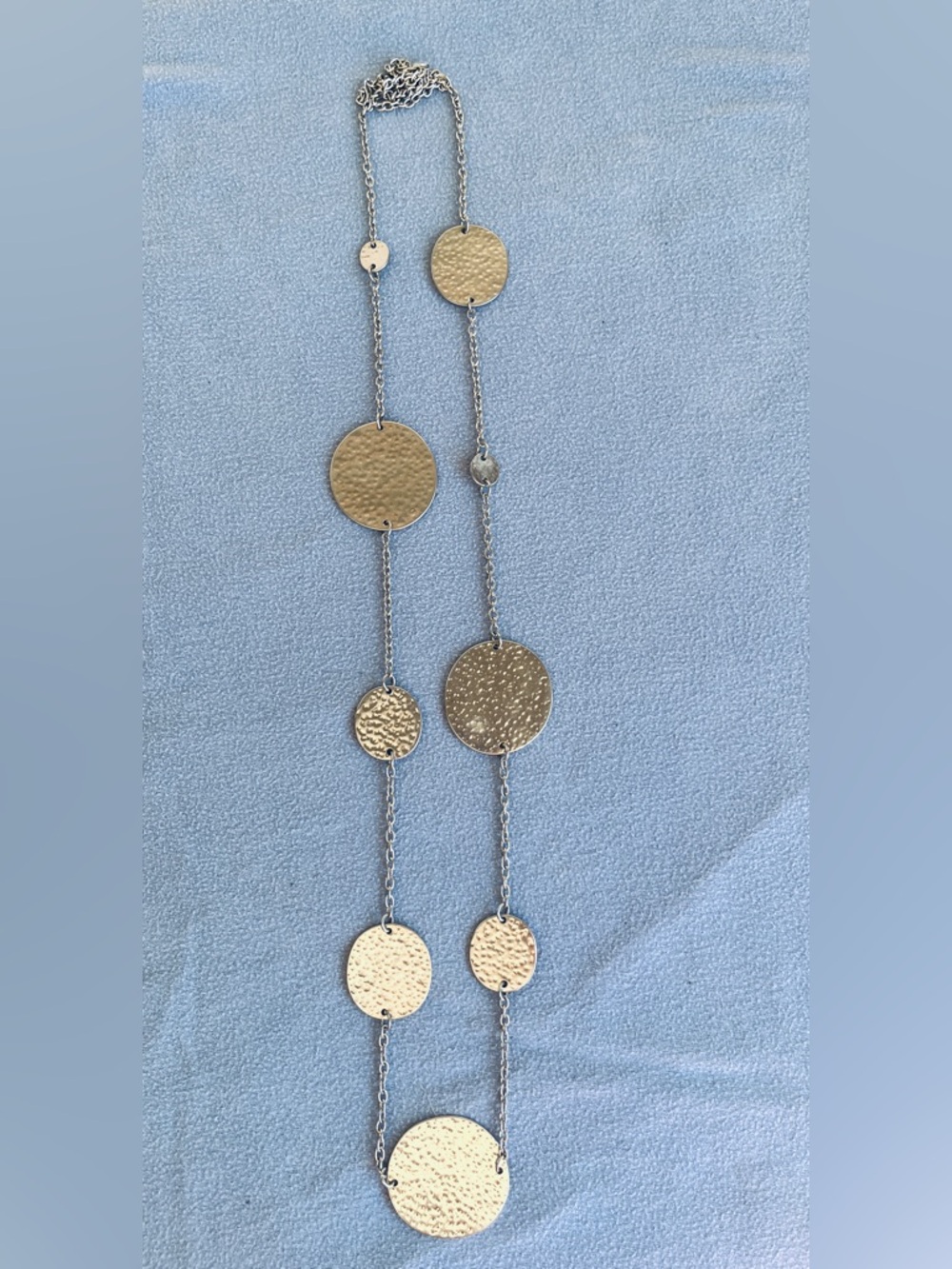 Silver Tone Long Station Cable Chain Necklace w/ Round Disc Charm,
36+"'